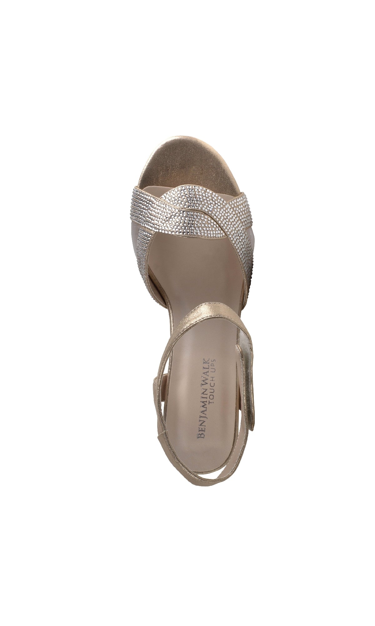 The Cam Champagne Prom Shoes: Touch Ups 4639 is a gold open-toe high-heeled sandal featuring a textured crisscross strap and a Velcro ankle strap, shown from an overhead view.